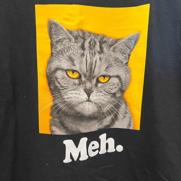 ODM T-Shirt XL Graphic Print Annoyed Cat "Meh" Funny Back to School Black  NEW - Picture 2 of 4